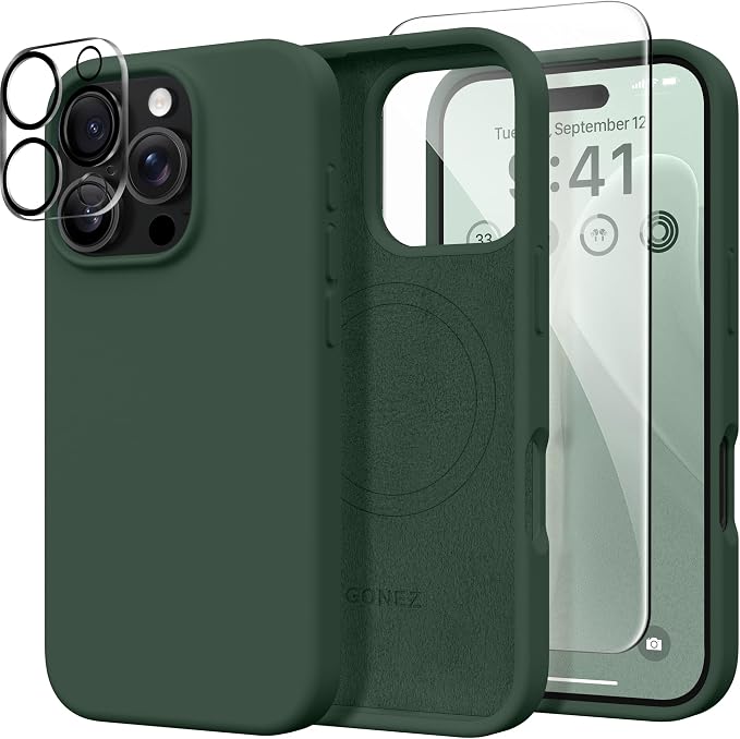 GONEZ Magnetic for iPhone 16 Pro Max Case, Compatible with MagSafe, Liquid Silicone Case, with Screen Protector + Camera Protector, Full Body Protective Shockproof Phone Cover 6.9", Army Green