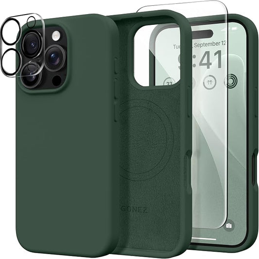 GONEZ Magnetic for iPhone 16 Pro Max Case, Compatible with MagSafe, Liquid Silicone Case, with Screen Protector + Camera Protector, Full Body Protective Shockproof Phone Cover 6.9", Army Green