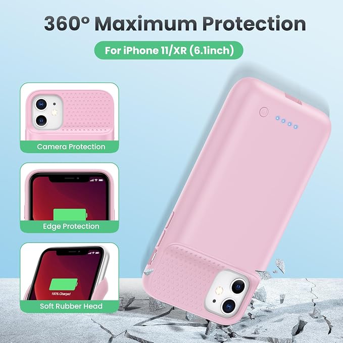 Feob Battery Case for iPhone 11/XR, [2026 Upgraded] 7500mAh Slim Portable Smart Charging Case Rechargeable Protective Extended Charging Cover for iPhone 11/XR-Pink
