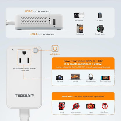 TESSAN Compact 220V to 110V Voltage Converter US to Europe | Universal Travel Adapter, 2 AC Outlets and 2 USB (1 USB-C), 200W Small Power Converter, EU/UK/AU/IT/India Plugs, For Travel