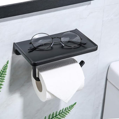 TRUSTMI Toilet Paper Holder with Phone Shelf Solid Metal Bathroom Hardware Accessories Tissue Roll Dispenser Storage Wall Mounted, Matte Black