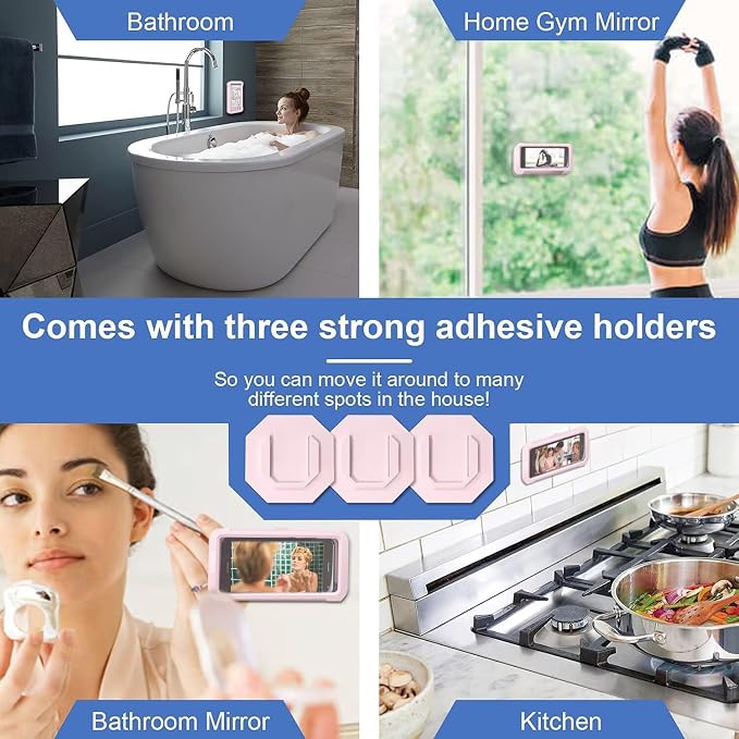 URROY Shower Phone Holder Waterproof, 360° Rotation Shower Phone Case, Anti-Fog High Sensitivity Universal Cover Mount Stand for Bathroom Wall Mirror Bathtub Kitchen, Gift for Men Women Pink