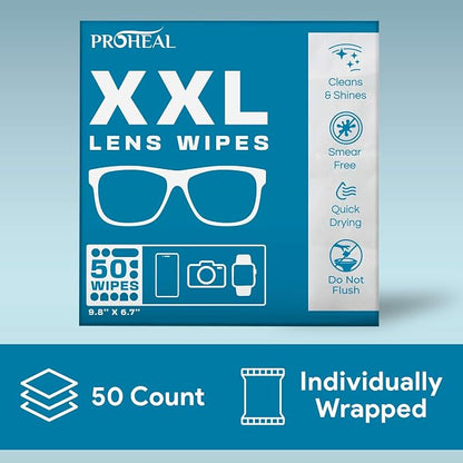 XXL Lens Wipes, 50 Count - 9.8"x6.7" Eye Glasses Cleaner Wipes for Lenses, Watches, Display Screens, and More - Cleans and Shines - Quick Drying, No Smear with Isopropyl Alcohol