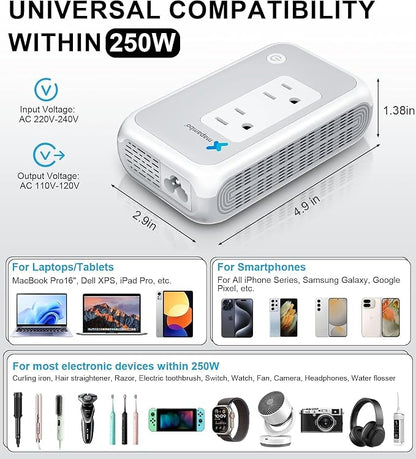 Voltage Converter US to Europe for Curling Iron and Hair Straighteners, 220V to 110V Converter for European Travel Plug Adapter with 2 USB A & 2 USB C Ports (White)