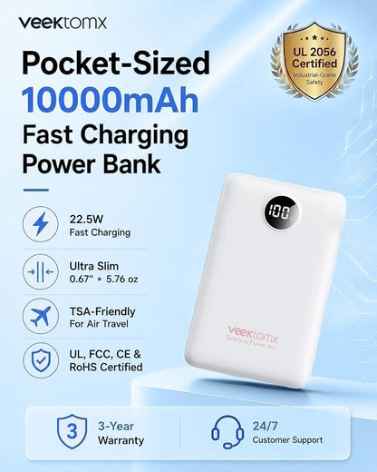 Portable Charger 10000mAh, Ultra Slim Power Bank Fast Charging with Attached USB C Cable, Travel Essential Phone Power Bank Battery Pack for iPhone 17/16/15/14 Samsung S25 Google etc, White