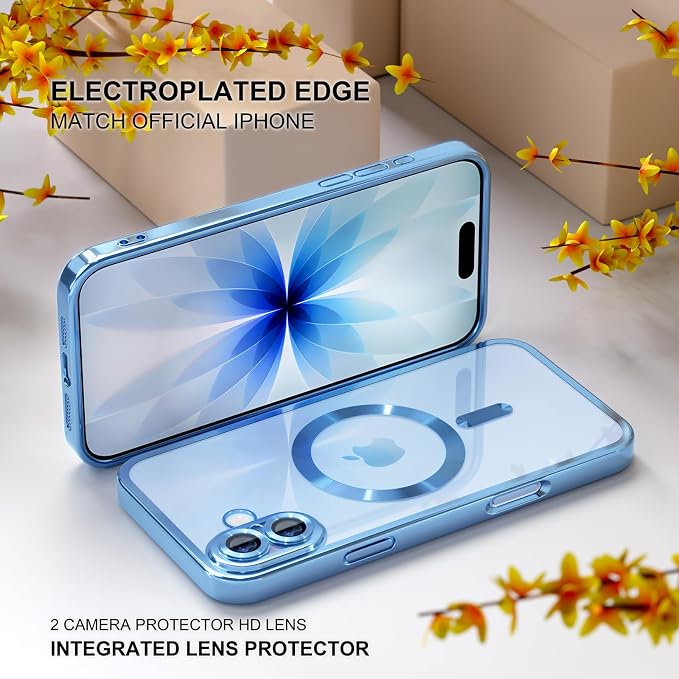 Misea Magnetic for iPhone 17 Case Compatible with MagSafe [Never Yellowing] [Military Grade Drop Protection] Full Camera Lens Protector Plating Soft Clear Phone Case for Women, Mist Blue