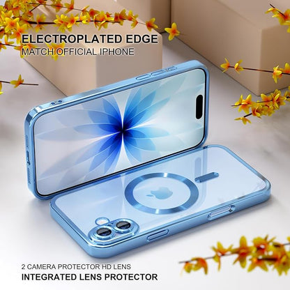Misea Magnetic for iPhone 17 Case Compatible with MagSafe [Never Yellowing] [Military Grade Drop Protection] Full Camera Lens Protector Plating Soft Clear Phone Case for Women, Mist Blue