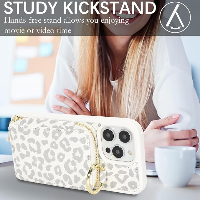 Crossbody Wallet Case for iPhone 14 Pro Max, PU Leather Zipper Handbag Purse Flip Cover, Kickstand Folio Case with Card Slots Holder Wrist Strap Lanyard 5G 6.7 Inch-White Leopard