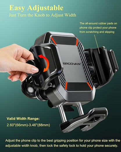 BRCOVAN Anti-Theft Phone Mount Holder with Vibration Dampener [Camera Friendly] [1s Lock & Release] with Aluminum Round Base & Medium Arm, for Car Boat Truck Motorcycle UTV, Fit 5.4-7.2'' Smartphones