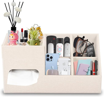 Plus Size Tissue Box Cover-Square Linen Tissue Cover with Side Storage and Tray,Modern Makeup Organizer,Leather Tissue Holder Decorative Cube Organizer for Living Room Vanity NightStand Office,Beige