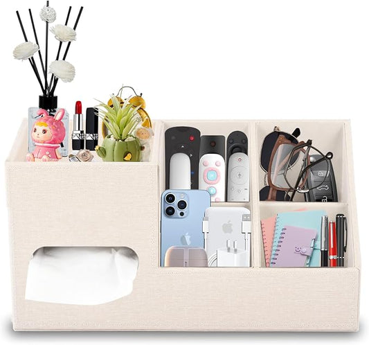 Plus Size Tissue Box Cover-Square Linen Tissue Cover with Side Storage and Tray,Modern Makeup Organizer,Leather Tissue Holder Decorative Cube Organizer for Living Room Vanity NightStand Office,Beige