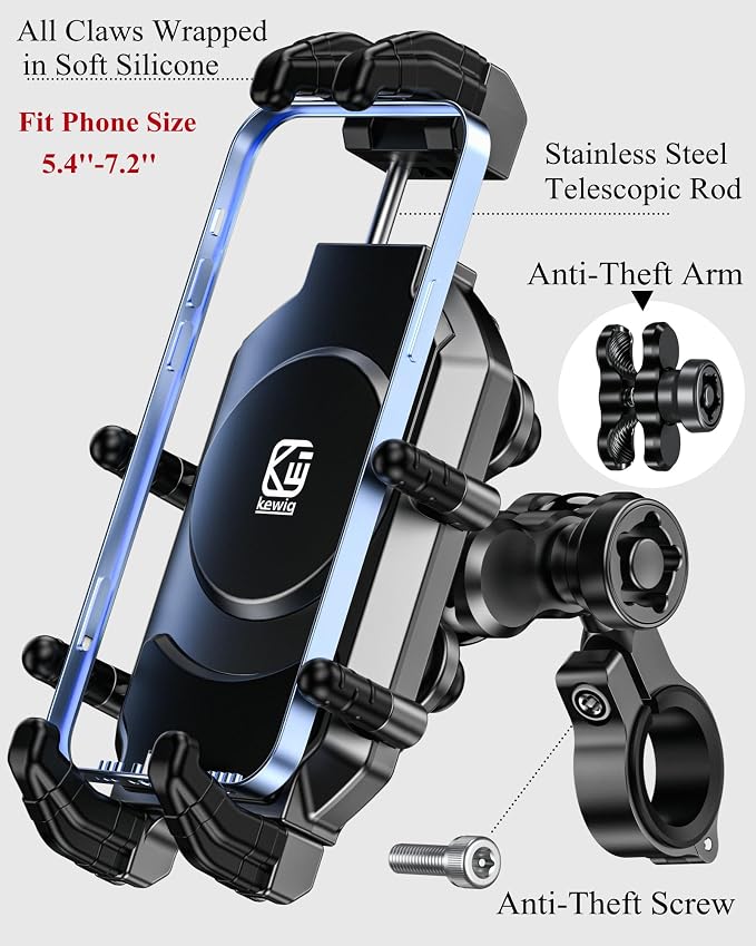 BRCOVAN Anti-Theft Motorcycle Phone Mount Holder with Vibration Dampener & Secure Lock, Adjustable Handlebar Cellphone Clamp for Bike Bicycle Scooter ATV, Fit 5.4-7.2'' Smartphone, Big Phone Friendly
