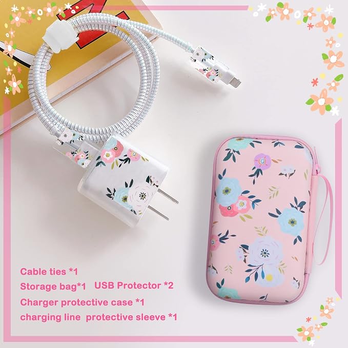 Cute Floral Phone Charger Storage Case Cover Set Colorful White Camellia Flowers Pattern Carrying Bag with Cable Protector Cord Organizer, Lightning Cable Chomper,Charger Saver Compatible for iPhone