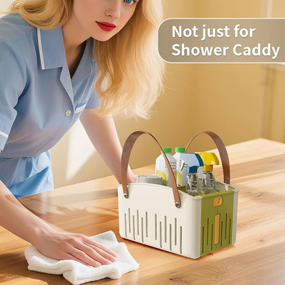 Portable Shower Caddy,Foldable Shower Caddy with Handle and Adjustable Divider,Plastic Shower Storage Basket,Quick Dry Bathroom Shower Organizer Bin for College,Dorm Room,Travel Essentials (Green)