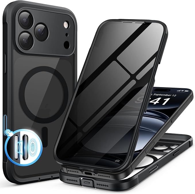 BERFY for iPhone 17 Pro Max Case, Compatible with MagSafe, Built-in Privacy Screen Protector, Camera Protection, Shockproof Full Body Phone Case 6.9", Clear Black