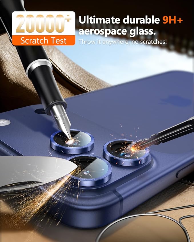 EZ-GLAZ-Camera Lens Protector for iPhone 17/16/15/14 Pro & Pro Max Series, with Aerospace-Grade Aluminum Alloy Ring, 1:1 Invisible Fit & Ultra-Clear, Military-Grade 9H+ Glass, Deep Blue