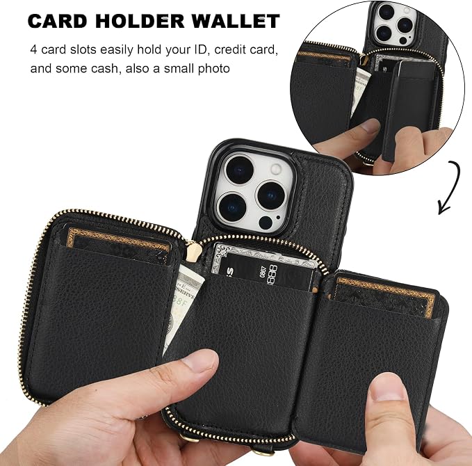 Bocasal RFID Blocking Wallet Case for iPhone 16 Pro, Adjustable Crossbody Zipper Purse Case Card Holder with Kickstand Detachable Wrist Strap, PU Leather Flip Folio Case 6.3 Inch 5G (Black)