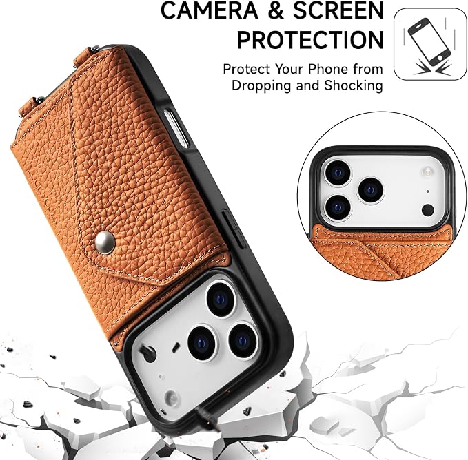 LUCKYCOIN for iPhone 17 Pro Crossbody Wallet Case – Genuine Leather Phone Purse with Adjustable Strap and Card Holder,Lanyard Phone Purse Case for Women,Pebble Grain Brown