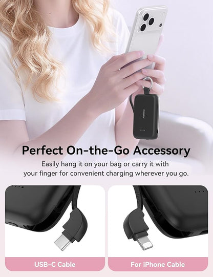 RORRY Portable Charger, 10000mAh PD 30W Fast Charging Portable Charger Power Bank with Built-in Cables, Travel Keychain Charger Battery Pack for iPhone 17/16/15/14/13/12, for AirPods 2/3/4/Pro, Black
