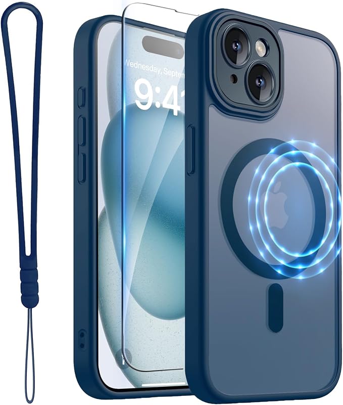 ROYBENS for iPhone 15 Matte Clear Case Compatible with Magsafe, Full Camera Lens Protection, Screen Protector, Wrist Strap, Translucent Magnetic Slim Hard Protective Phone Cover,6.1-Inch, Navy Blue