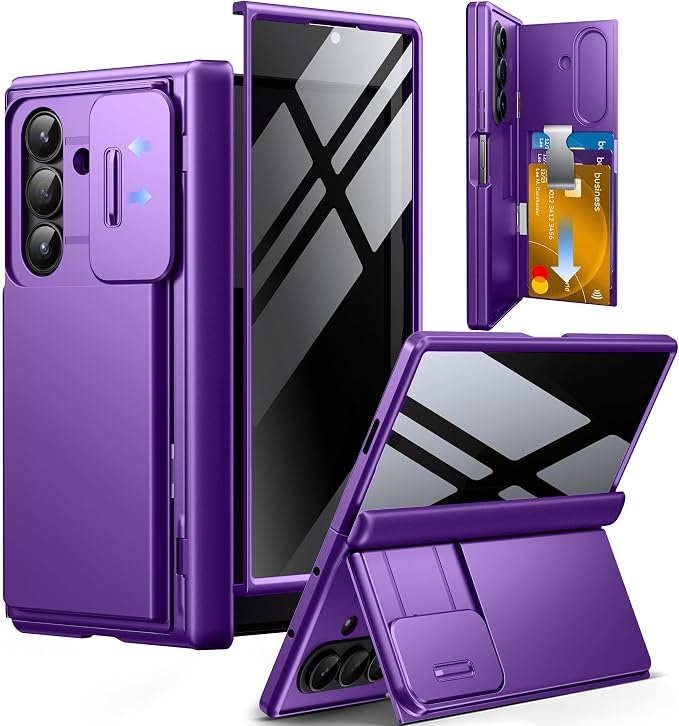 TONGATE Wallet for Z Fold 7 Case with Privacy Screen Protector, [4-Card Holder][Anti Spy] Built-in Large Stand & Slide Camera Cover Z7 Shockproof Phone Case for Samsung Galaxy Z Fold 7 2025 8", Purple