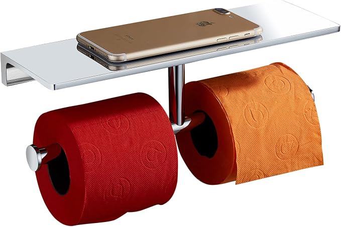 Heavy-Duty Double Toilet Paper Holder, Polished Chrome Dual Roll Toilet Tissue Holder with Phone Shelf | Solid Brass, Wall-Mount | Home & Commercial Bathroom
