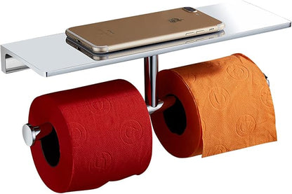 Heavy-Duty Double Toilet Paper Holder, Polished Chrome Dual Roll Toilet Tissue Holder with Phone Shelf | Solid Brass, Wall-Mount | Home & Commercial Bathroom