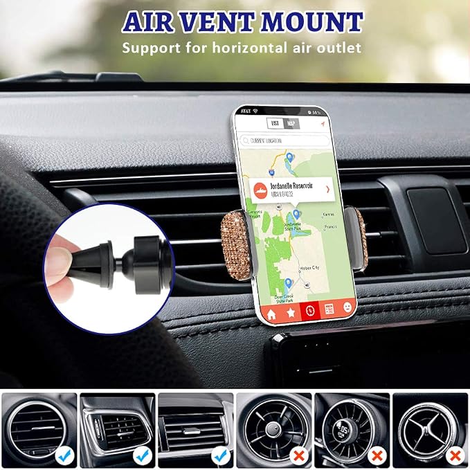 eing Car Phone Mount Cell Phone Holder with One More Air Vent Base,Bling Crystal Universal Phone Mount Holder Cradle for Dashboard,Windshield and Air Vent,Gold