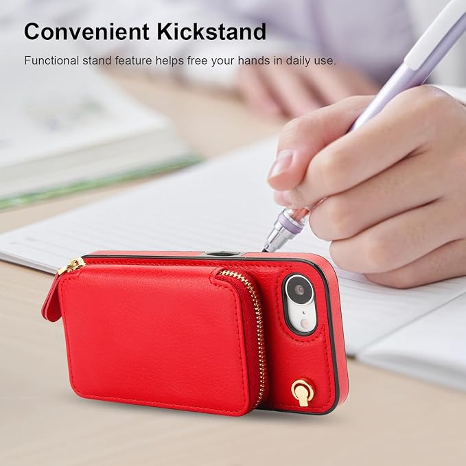 Bocasal Crossbody Wallet Case for iPhone 17e/16e, RFID Blocking Leather Purse Case with Card Holder, Protective Handbag Flip Cover with Zipper Wrist Strap Lanyard for Women 5G 6.1 Inch (Red)