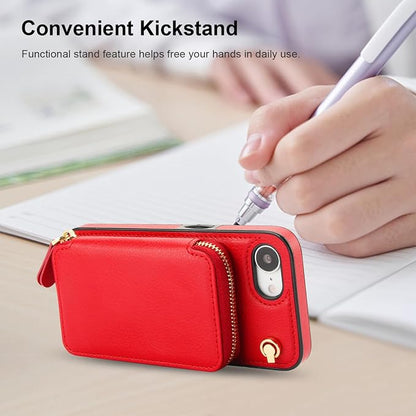 Bocasal Crossbody Wallet Case for iPhone 17e/16e, RFID Blocking Leather Purse Case with Card Holder, Protective Handbag Flip Cover with Zipper Wrist Strap Lanyard for Women 5G 6.1 Inch (Red)