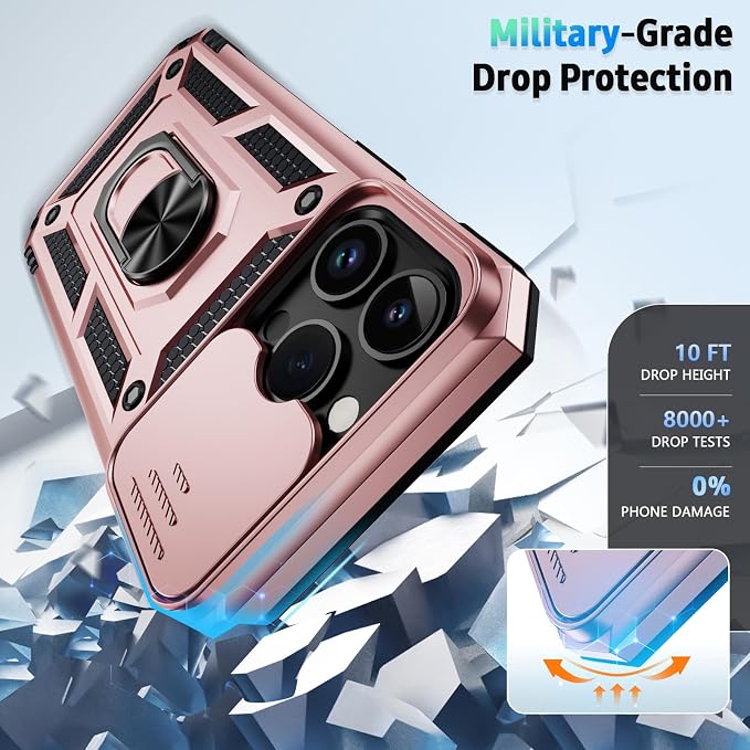 Vinve for iPhone 14 Pro Max Case with Slide Lens Cover HD Screen Protector, Military Grade Drop Protection, Magnetic Rotated Ring Holder Kickstand Protective Phone Case (Rose Gold)
