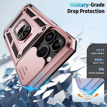 Vinve for iPhone 14 Pro Max Case with Slide Lens Cover HD Screen Protector, Military Grade Drop Protection, Magnetic Rotated Ring Holder Kickstand Protective Phone Case (Rose Gold)