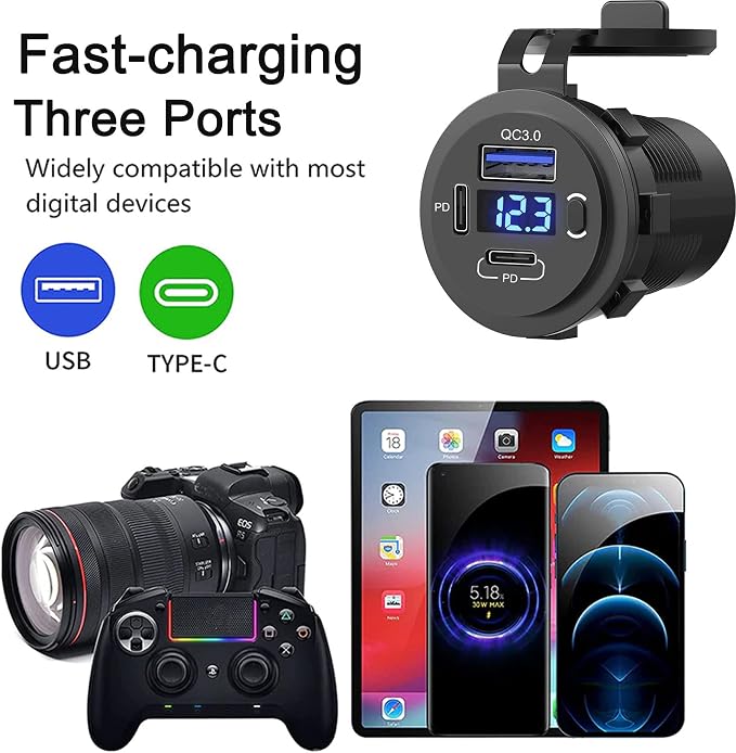 Zennova, 5 Pack USB C Charging Adapter, 58W 12v Outlet with PD USB C & QC 3.0 Ports, Waterproof, Voltmeter, Power Switch for Car, Golf Cart, Boat, Marine, Bus, Truck, RV, Motorcycle