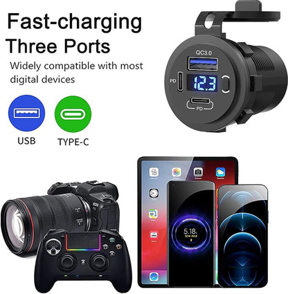 Zennova, 5 Pack USB C Charging Adapter, 58W 12v Outlet with PD USB C & QC 3.0 Ports, Waterproof, Voltmeter, Power Switch for Car, Golf Cart, Boat, Marine, Bus, Truck, RV, Motorcycle