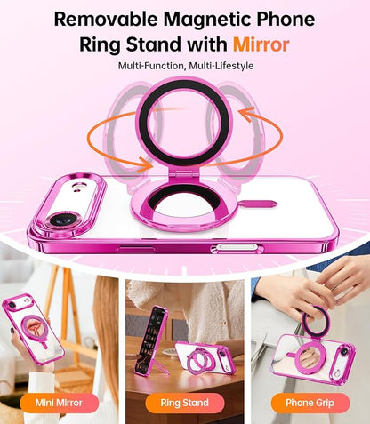Meifigno Designed for iPhone Air Case with Ring Stand (6.5"), [Built-in Mirror] [Compatible with MagSafe] [Glitter Card & Wrist Strap] Removable Phone Stand +Designed for iPhone 17 Air Case, Hot Pink