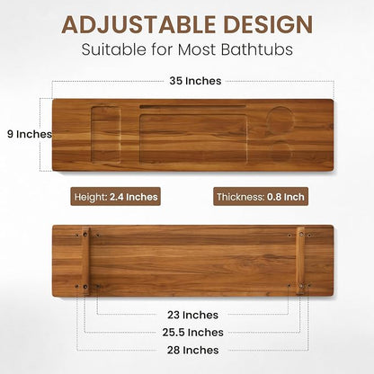 Teak Bathtub Tray - Wood Bath Caddy Tray 35" for Large Tubs - Adjustable Bathtub Table Trays - Luxury Shower Organizer for Home Spa Relaxation and Reading - Light Walnut Color
