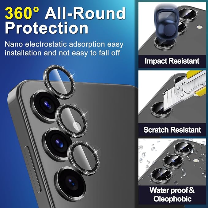 for Samsung Galaxy S25 Plus Camera Lens Protector, Electroplated Matte Back with 9H Tempered Glass Lens Protector, [Strong Adsorption] [Case-Friendly] Metal Ring HD Clear Lens Cover,BlackShiny