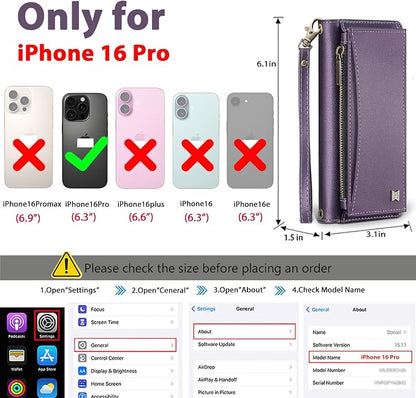 Wallet Case for iPhone 16 Pro with Card Holder/Crossbody Wallet/Strap| RFID Blocking | Magnetic | Kickstand | Detachable | PU Leather Phone Case for iPhone 16 Pro,6.3 in,Purple