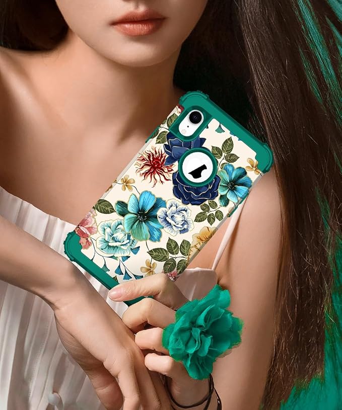 Hocase for iPhone XR Case, Heavy Duty Shockproof Protection Soft Silicone Rubber+Hard Plastic Bumper Hybrid Dual Layer Protective Case for iPhone XR (6.1-inch Display) 2018 - Teal Flowers