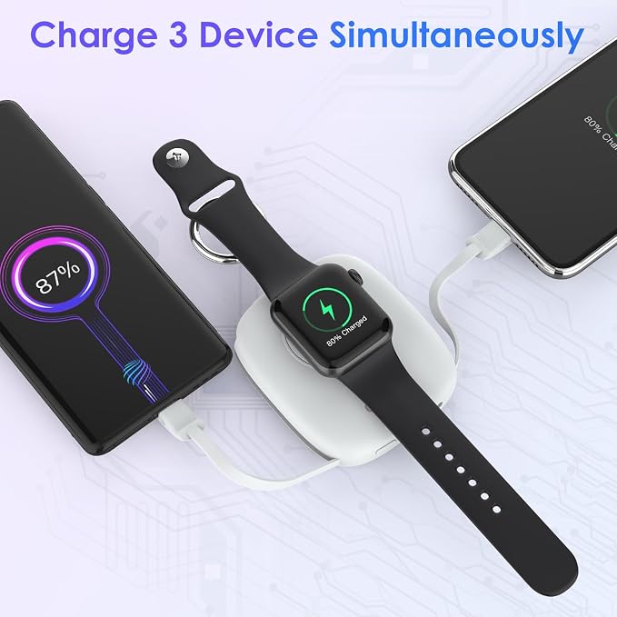 Small Portable Charger 5000mAh,iWatch Wireless Charger Mini Power Bank with Built-in Cable,Travel Keychain Charger for Apple Watch 11/10/9/8/Ultra/7/6/Se/5/4,iPhone 17/16/15/14/13/12,Android Phone