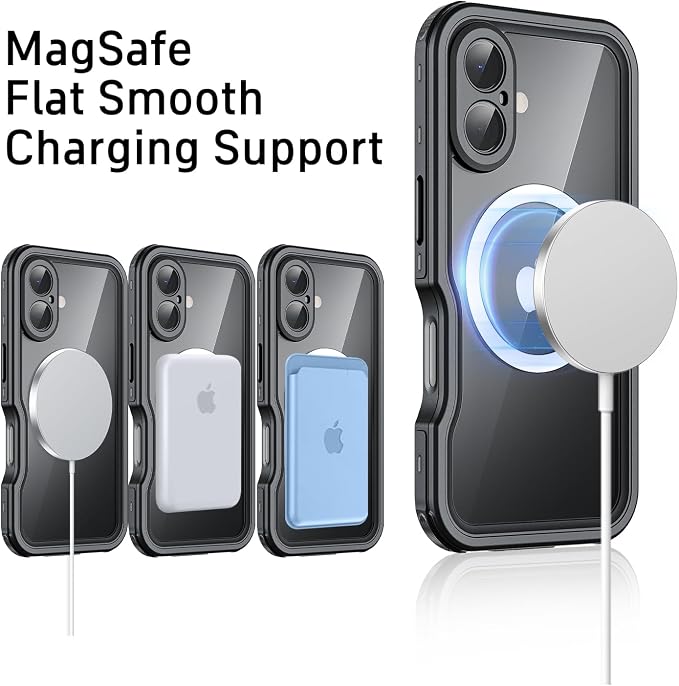 Waterproof Phone Case for iPhone 16, [Compatible with Magsafe] [IP68 Underwater] [Built-in Screen Protector & Glass Camera Protector] Full Body Shockproof Cover with Lanyard Black/Clear