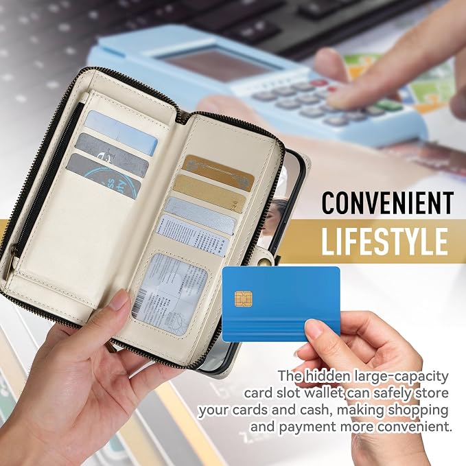Rssviss Crossbody Case for iPhone 17 Pro Case Wallet, RFID Blocking Leather with Card Holder Kickstand, Handbag Zipper Flip Cover with Wrist Strap for iPhone 17 Pro Men Women 6.3", White