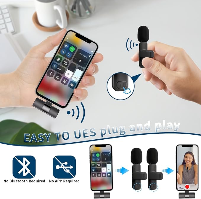 Professional Wireless Lavalier Lapel Microphone for iPhone, iPad, Cordless Omnidirectional Condenser Recording Mic for Video Recording, Live Streaming, Interview Podcast Vlog YouTube Tiktok(2 Pack)