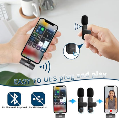 Professional Wireless Lavalier Lapel Microphone for iPhone, iPad, Cordless Omnidirectional Condenser Recording Mic for Video Recording, Live Streaming, Interview Podcast Vlog YouTube Tiktok(2 Pack)
