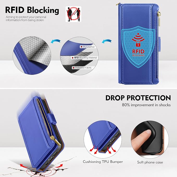 Antsturdy Compatible with iPhone 12 mini Wallet Case,RFID Blocking PU Leather Phone Case Women Men Kickstand Flip Cover Wrist Strap Zipper Credit Card Holder Slots,for Apple 12 mini,Purple Blue