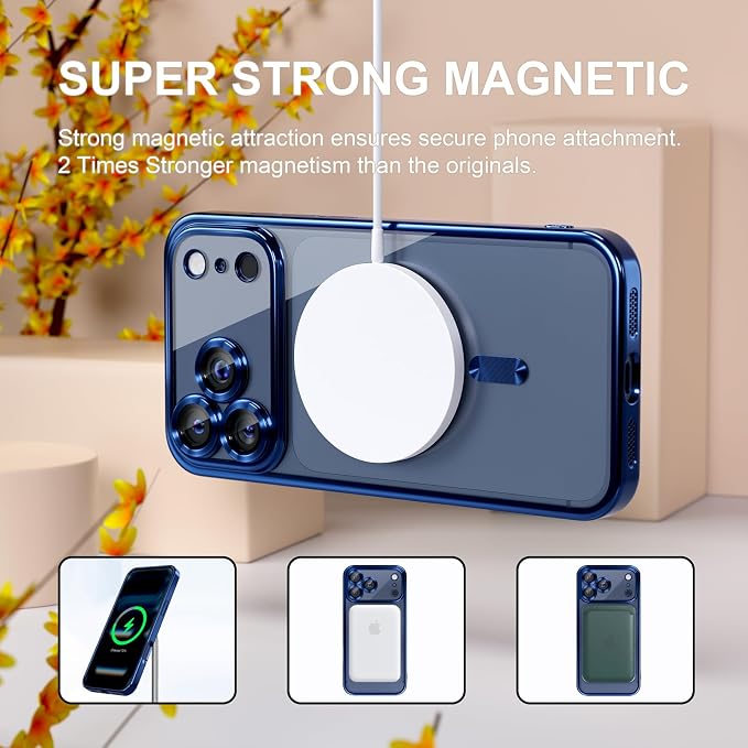Misea Magnetic for iPhone 17 Pro Max Case Compatible with MagSafe [Never Yellowing] [Military Grade Drop Protection] Full Camera Lens Protector Plating Soft Clear Phone Case for Women, Deep Blue