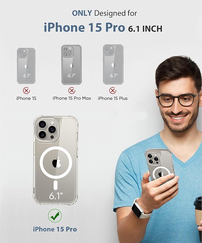 Compatible with iPhone 15 Pro Case Clear, Built-in Screen Protector, with Camera Lens Protector, [Compatible with MagSafe] Full Body Phone Case, Protective Cover for 15Pro 6.1" (Clear)