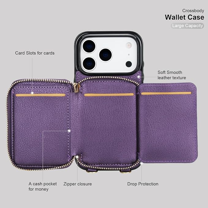 Bocasal Crossbody Wallet Case for iPhone 17 Pro, RFID Blocking PU Leather Zipper Handbag Purse Flip Cover, Kickstand Folio Case with Card Slots Holder Wrist Strap Lanyard 5G 6.3 Inch (Dark Purple)