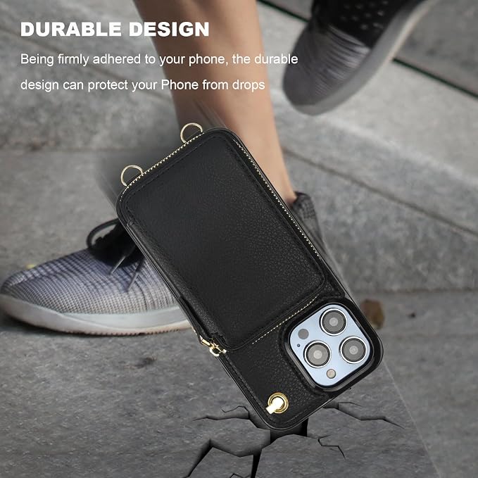 Bocasal for MagSafe Crossbody Wallet Case Compatible with iPhone 14 Pro Max, RFID Blocking Protective Purse Case with Card Slots Holder Kickstand Wrist Strap Lanyard Zipper 6.7 Inch 5G (Black)