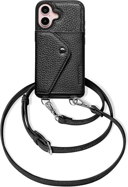 LUCKYCOIN for iPhone 16 Crossbody Wallet Case – Genuine Leather Phone Purse with Adjustable Strap and Card Holder,Lanyard Phone Purse Case for Women,Pebble Grain Black